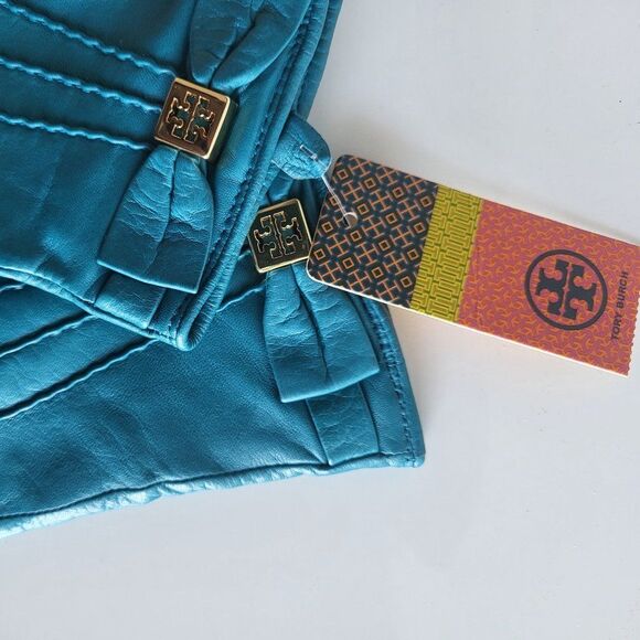 Tory Burch Women's Teal Green Leather Bow Pleated Gloves Size 6.5 - Picture 3 of 10